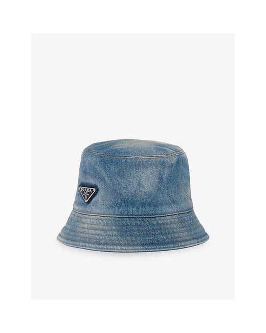 Prada Blue Brand-plaque Wide-brim Denim Bucket Hat