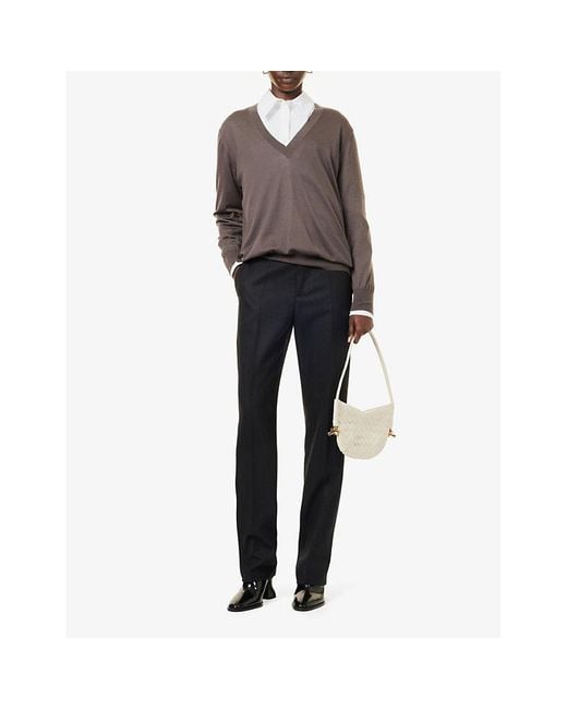 Bottega Veneta Brown Brand-Embroidery V-Neck Cashmere Jumper