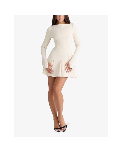 House Of Cb Natural Francesca Long-Sleeved Stretch-Woven Mini Dress Xs (A-C Cup)