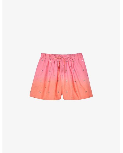 Sandro Pink Rhinestone-embellished Elasticated-waist Cotton Shorts