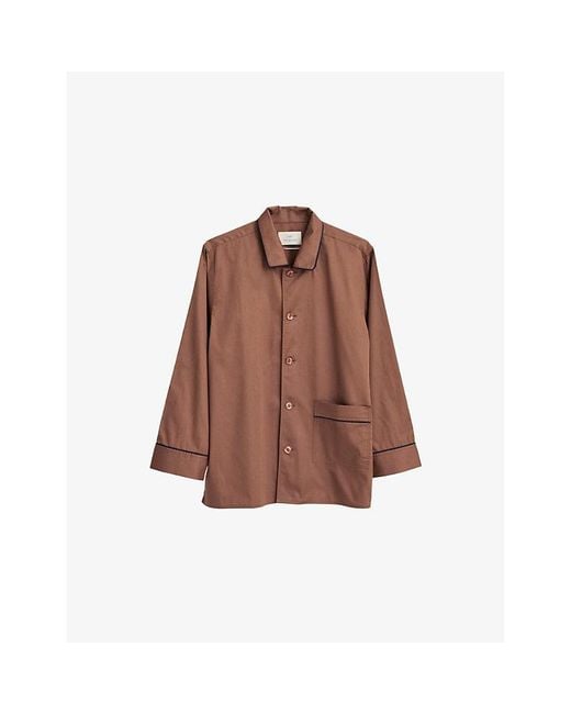 Hay Brown Outline Contrast-Piping Cotton Pyjama Shirt