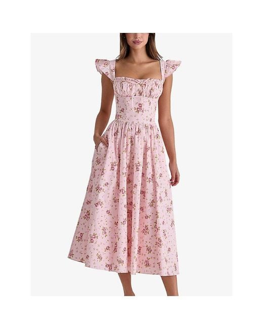 House Of Cb Pink Livia Floral-Print Stretch-Cotton Midi Dress Xs (A-C Cup)