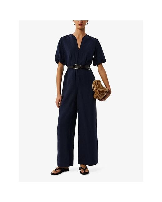 Whistles Blue V-Neck Tie-Waist Linen-Blend Jumpsuit