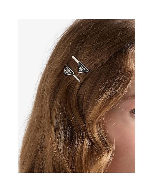 Prada White Triangle Logo Metal Hair Clips