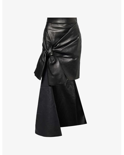 Alexander McQueen Black Draped Bow-embellished High-rise Leather Midi Skirt