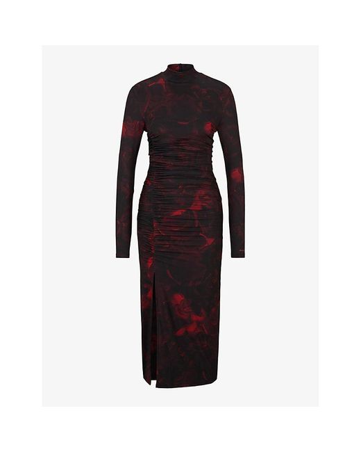 HUGO Blue Abstract-Print Slim-Fit Midi Dress