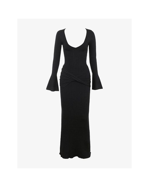 House Of Cb Black Mila Flute-Sleeve Knit Maxi Dress Xs (A-C Cup)
