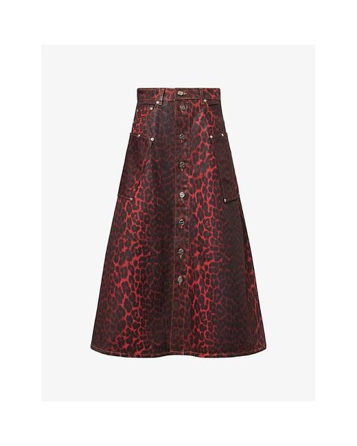 Ganni Red Foil Leopard-Print Denim Midi Skirt
