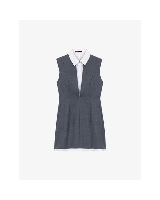 Maje Blue Layered-Effect Sleeveless Tailored Wool-Blend Mini Dress