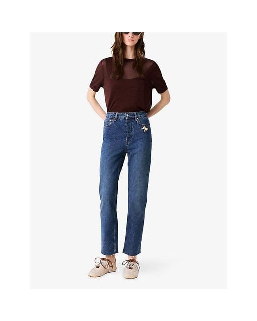 Maje Blue Brooch-Embellished Slim-Fit Stretch-Denim Jeans