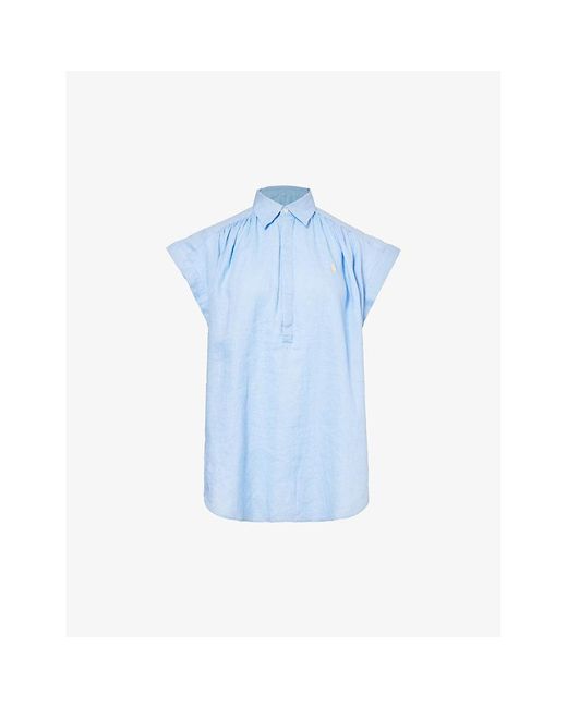 Polo Ralph Lauren Blue Logo-embroidered Frill-sleeve Linen Shirt