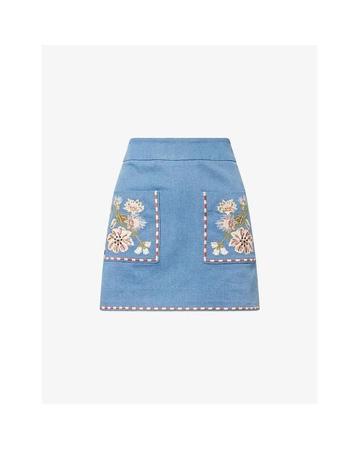 Veronica Beard Blue Pallas Embroidered Denim Mini Skirt