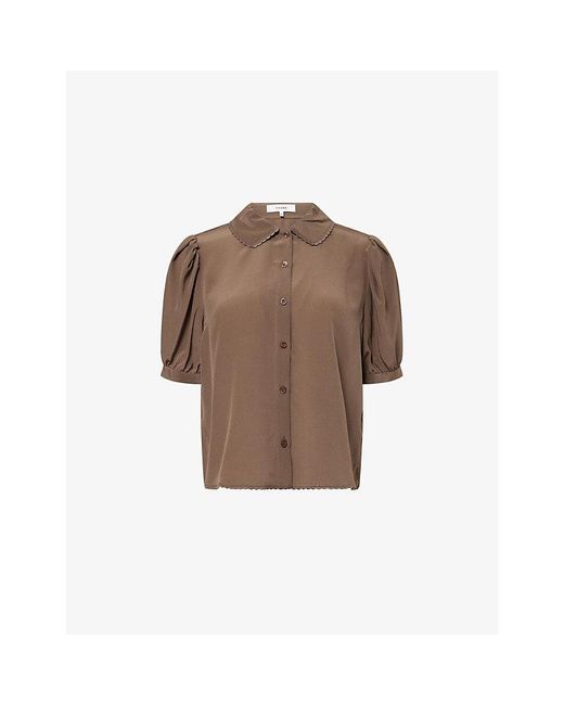 FRAME Brown The Prim Scalloped-Edge Silk Blouse