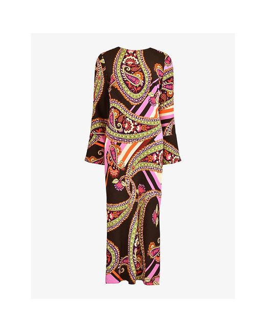 Ro&zo Red Paisley-print Crepe Fluted-cuff Crepe Maxi Dress