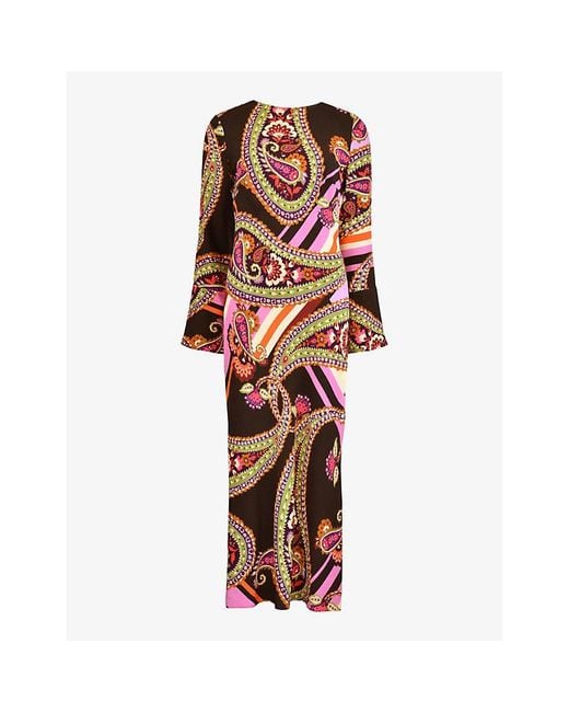 Ro&zo White Paisley-Print Crepe Fluted-Cuff Crepe Maxi Dress