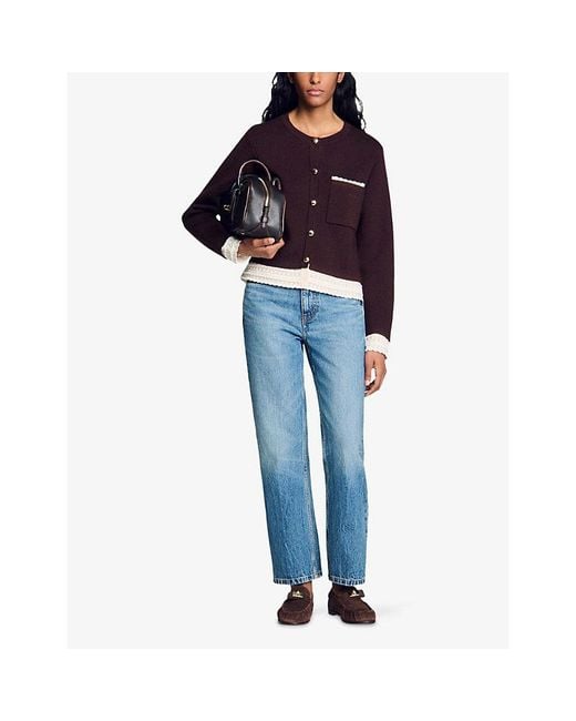 Sandro Purple Lace-Trim Wool-Blend Cardigan