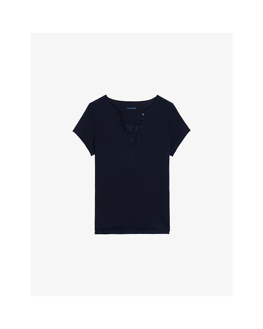 Zadig & Voltaire Blue Tunisien Henley Graphic-Print Cotton T-Shirt