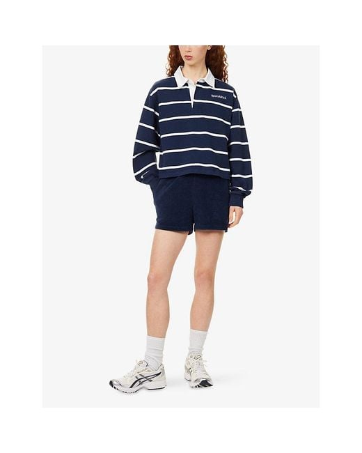 Sporty & Rich Blue Striped Embroidered-Logo Cotton Polo Shirt