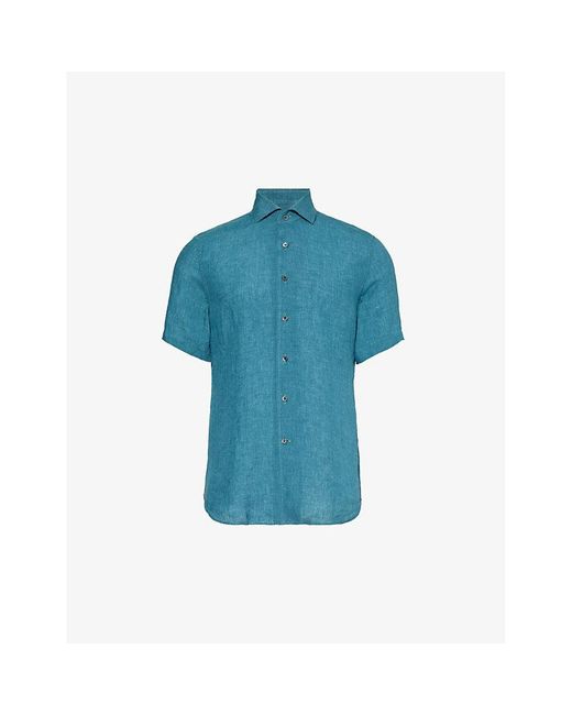 Corneliani Blue Curved-hem Cutaway-collar Classic-fit Linen Shirt for men