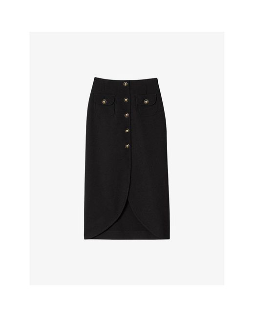 Sandro Black Button-Down High-Rise Stretch-Woven Midi Skirt