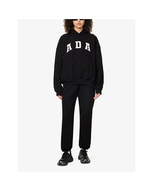 ADANOLA Black Oversized-Fit Logo-Embroidered Cotton Hoody