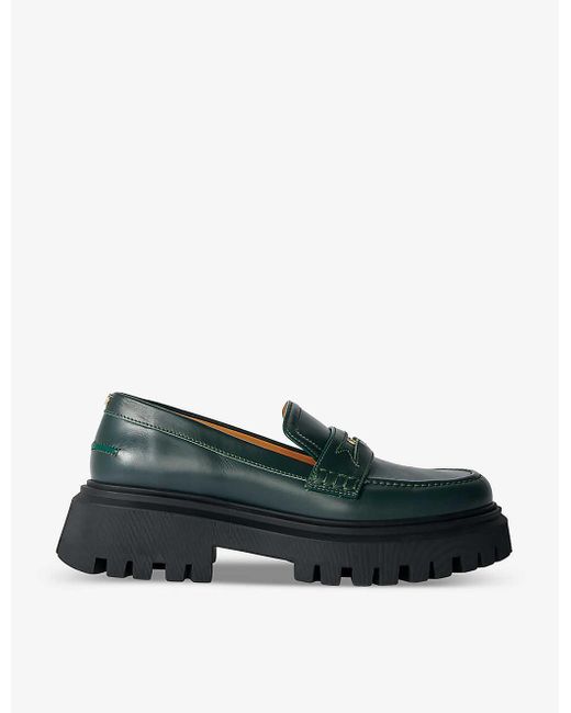 Maje Green Clover-embellished Leather Platform Loafers