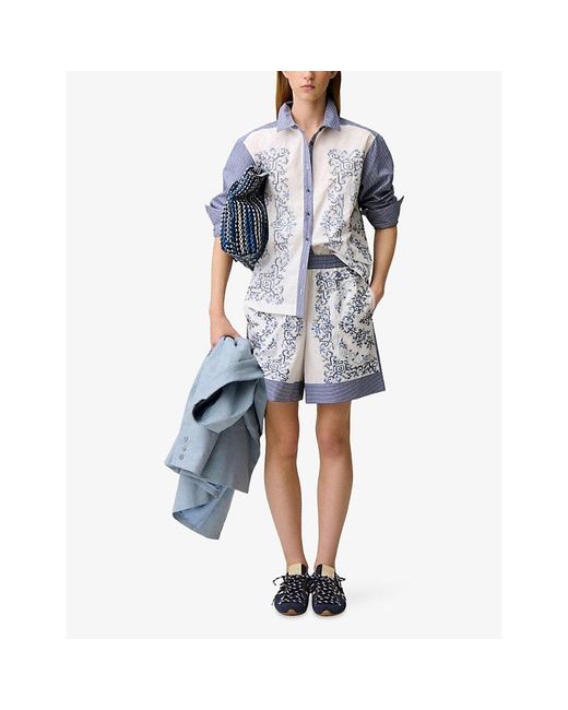 Claudie Pierlot Blue Striped Graphic-Print Cotton Shirt