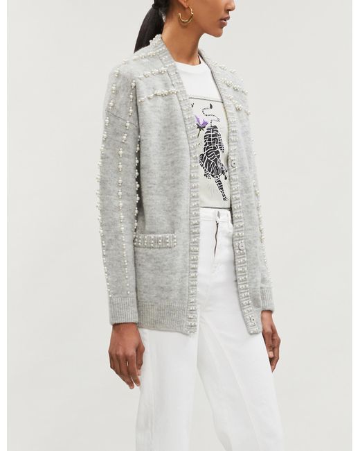Maje Gray Pearl-embellished Knitted Cardigan