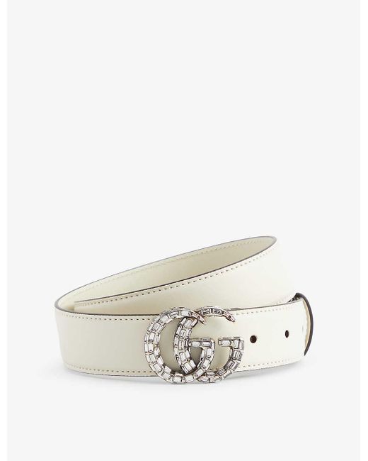 Gucci White Crystal-embellished Logo-buckle Leather Belt