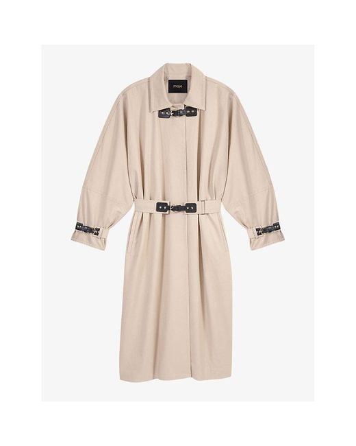Maje Natural Contrast-Buckle Long Cotton Trench Coat