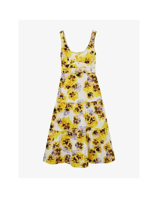 Reiss Yellow Erin Floral-Print Stretch-Cotton Midi Dress