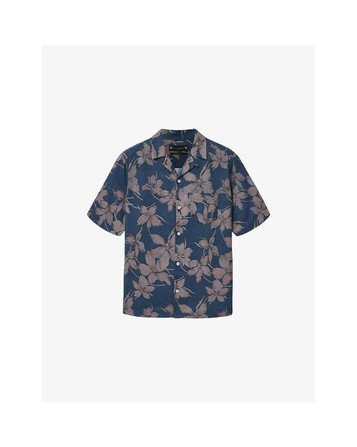 AllSaints Blue Parterre Graphic-Print Short-Sleeve Cotton Shirt for men