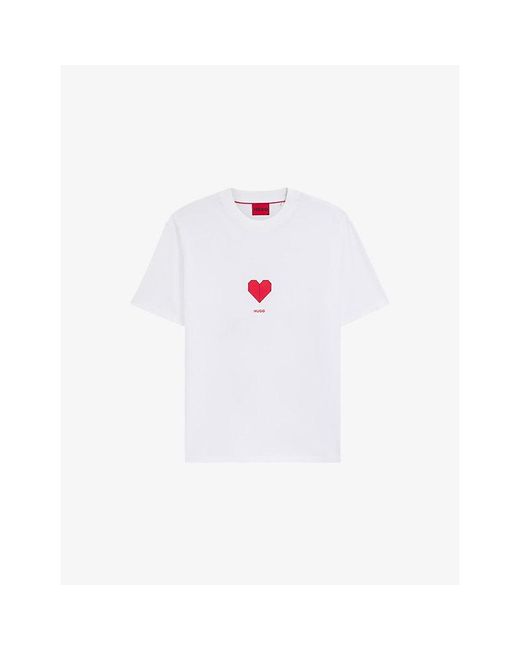 HUGO White Logo-Print Short-Sleeve Cotton T-Shirt for men