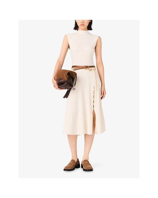 Maje White Ribbed High-Neck Stretch-Knit Midi Dress