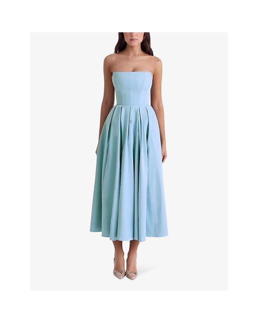 House Of Cb Blue Audrey Slim-Fit Strapless Cotton-Blend Midi Dress