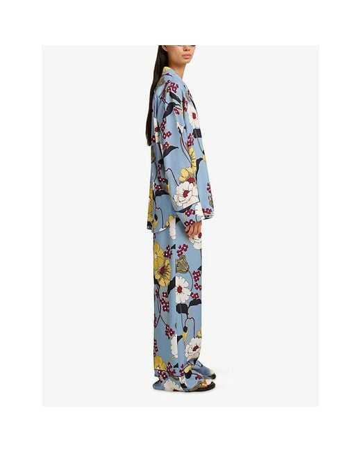 Marni Blue Melodia Floral-Print Satin Pajama Shirt