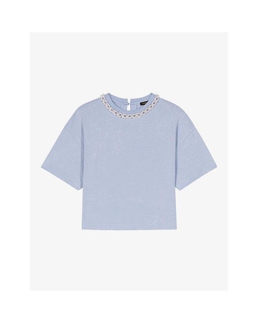 Maje Blue Necklace-Embellished Short-Sleeved Cotton-Jersey T-Shirt