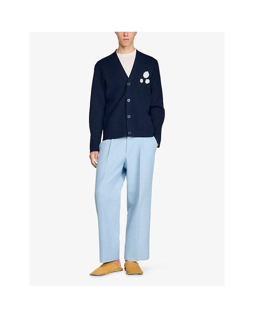 Sandro Blue Flower-Embroidered Button-Down Wool-Blend Cardigan for men
