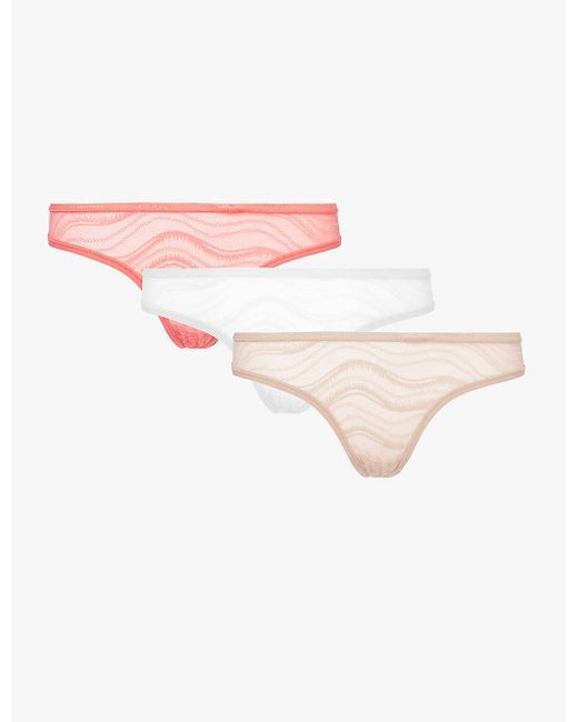 Calvin Klein Pink Sheer Mid-rise Pack Of Three Stretch-lace Thongs