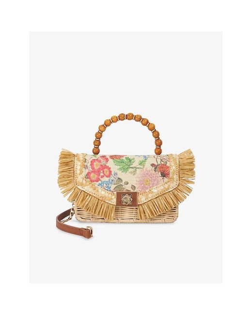 Dune Metallic Blooms Floral-Print Raffia Top-Handle Bag