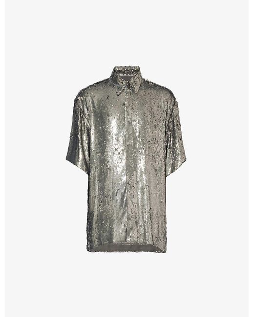 Dries Van Noten Gray Sequin-embellished Relaxed-fit Woven Shirt for men