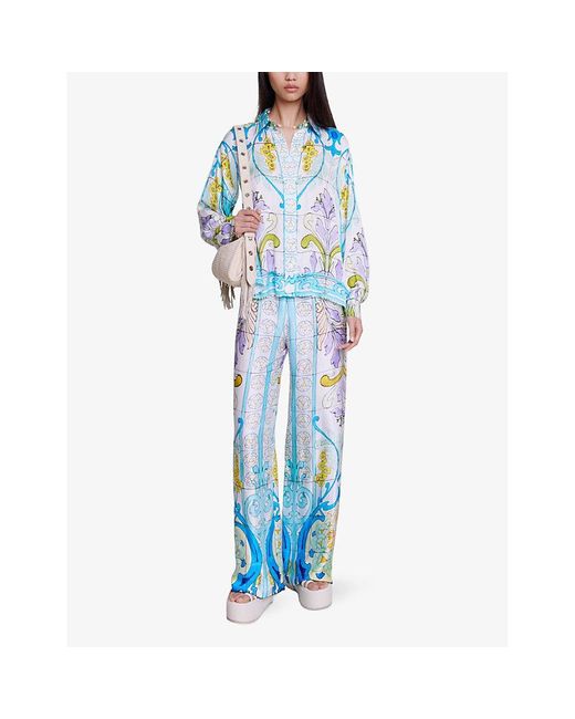 Maje Blue Graphic-print Relaxed-fit Satin Shirt