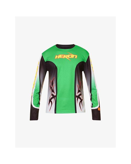 Heron Preston Green Brand-embellished Contrast-panel Regular-fit Mesh T-shirt for men