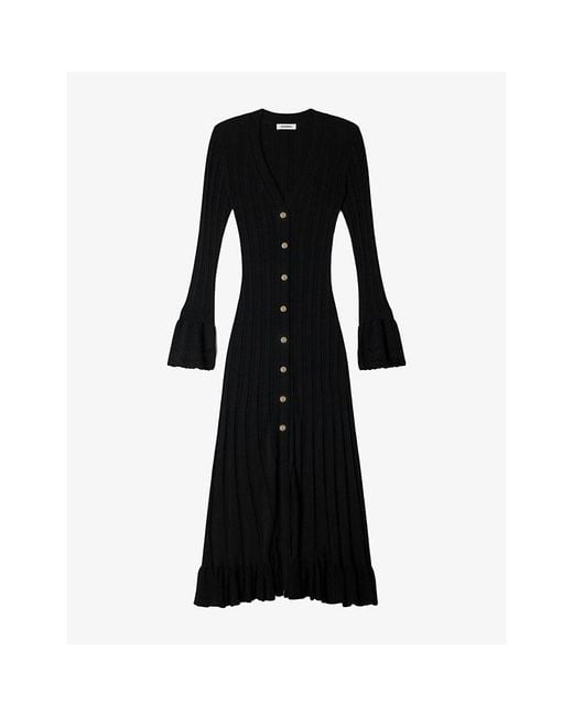 Sandro Women's Black Ruffle-Trim Knitted Maxi Dress - www.disolcolor.com