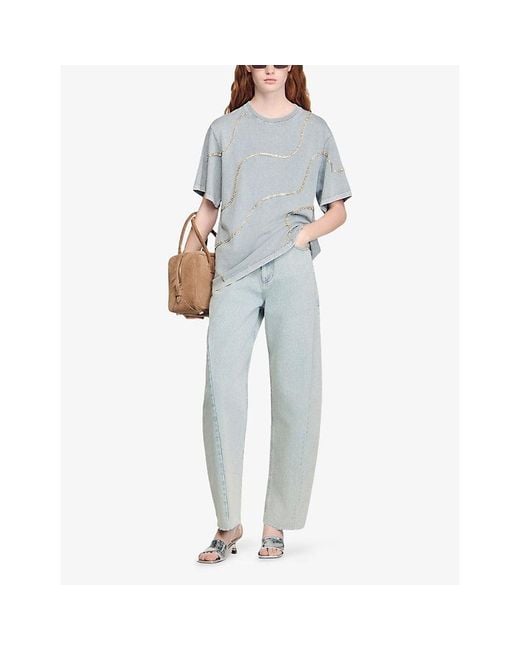 Sandro Gray Rhinestone-Embellished Relaxed-Fit Cotton-Jersey T-Shirt