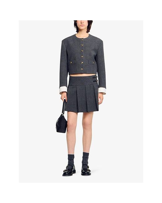 Sandro Black Rhinestone-Embellished Pleated Stretch-Woven Mini Skirt