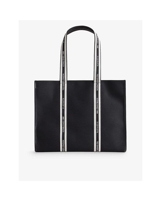 Ted Baker Black Georjey Branded-strap Cotton-canvas Tote Bag