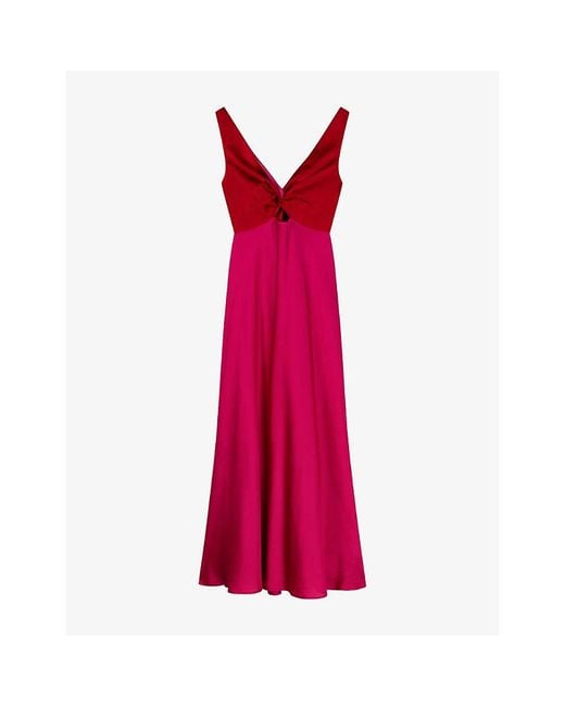 OMNES Red Maggy V-Neck Cut-Out Sleeveless Satin Midi Dress
