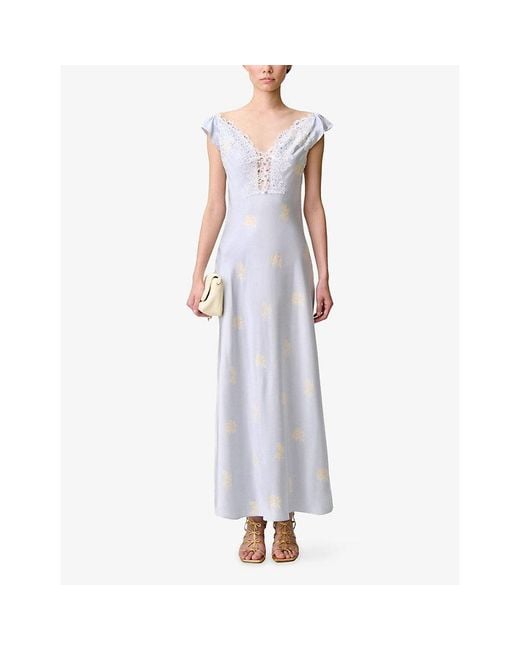 Claudie Pierlot White Floral-Print Lace-Trim Satin Maxi Dress