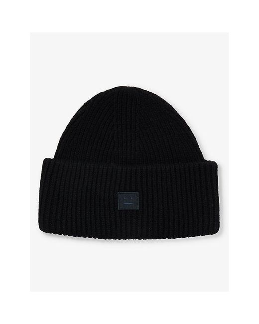 Acne Black Pansy Brand-patch Wool Beanie Hat for men
